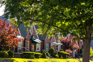 Italian-American neighborhood street in The Hill St Louis Missouri with brick bungalows and homes for sale near authentic restaurants zip code 63110