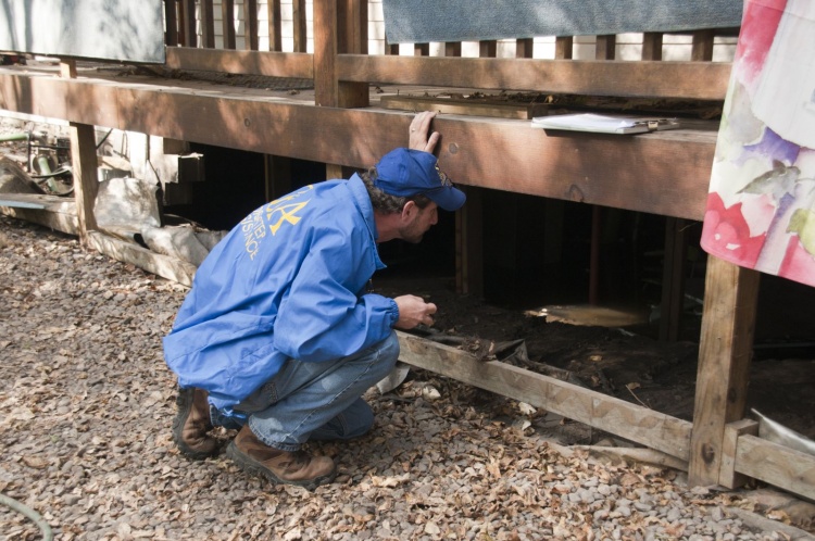 construction analyst inspects home basement for couple buying a home for the first time